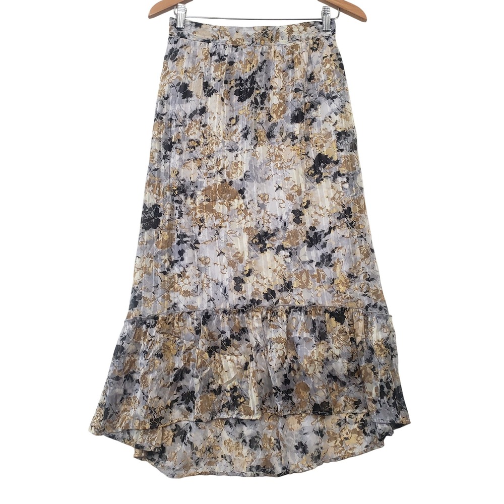 Y2K Vintage Maxi Skirt Small Gray Tan Floral High Low Ruffle Hem Chiffon Boho